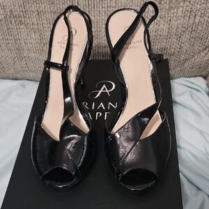 Adrianna Papell Shiny Black Peep-Toe Heels